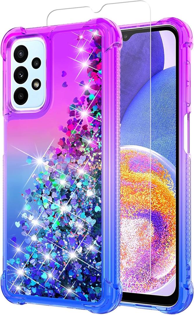 4 x for Galaxy A23 Case with HD Screen Protector,Gradient Quicksand Glitter Liquid Floating Waterfall Durable Girls Cute Phone Case for Samsung A23 5G (Purple/Blue)