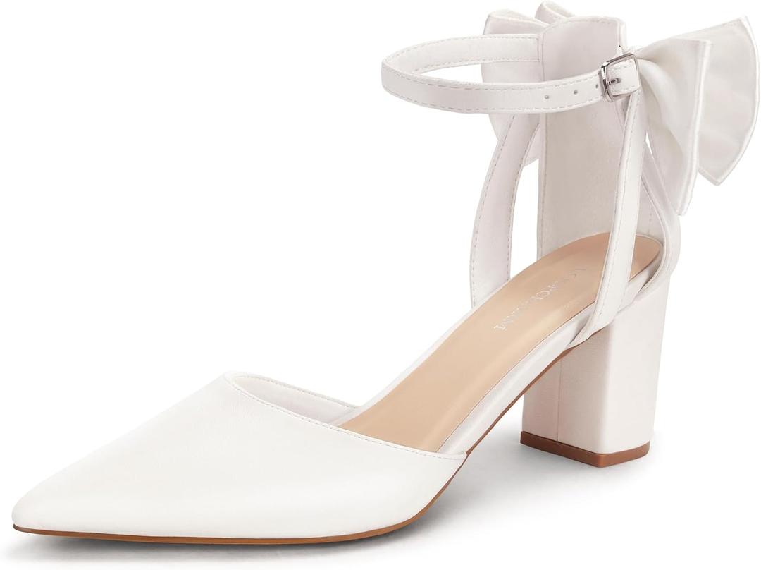 Womens Closed Pointed Toe Heels with Bow Low Chunky Block Heel Ankle Strap D'Orsay Pumps Bridal Wedding Dress Shoes, size 9