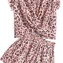 Arshiner Girls Shorts Sets 2 Pieces Outfits Twist Front Ruffle Sleeve T-Shirts and Shorts With Pockets Cute Clothes Sets (9-10 Years, Pink Leopard Print)