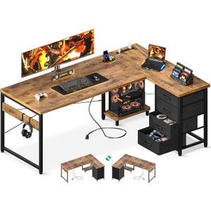 ODK 61'' L Shaped Desk with 4 Drawers, Reversible Corner Desk with Storage, Gaming Table with Power Outlets, USB Ports, PC Case Shelf, Computer Desk for Home Office, Study, Easy Assembly, Vintage