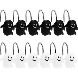12PCS Shower Curtain Hooks, Halloween Ghost Shower Rings Decorative Shower Curtain Hangers Shower Curtain Hooks Decoration for Halloween Bathroom Rods Pendants Decor (Black & White)