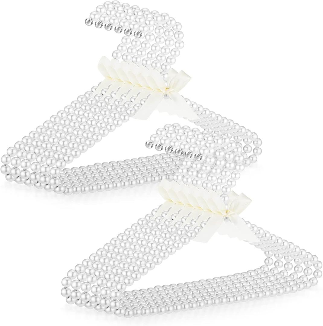 Threan White12 Pcs Pearl Beaded Clothes Hanger Mini Pearl Beads Small Metal Clothes Hangers with Ribbon Standard for Kids Baby Children Pet Dog