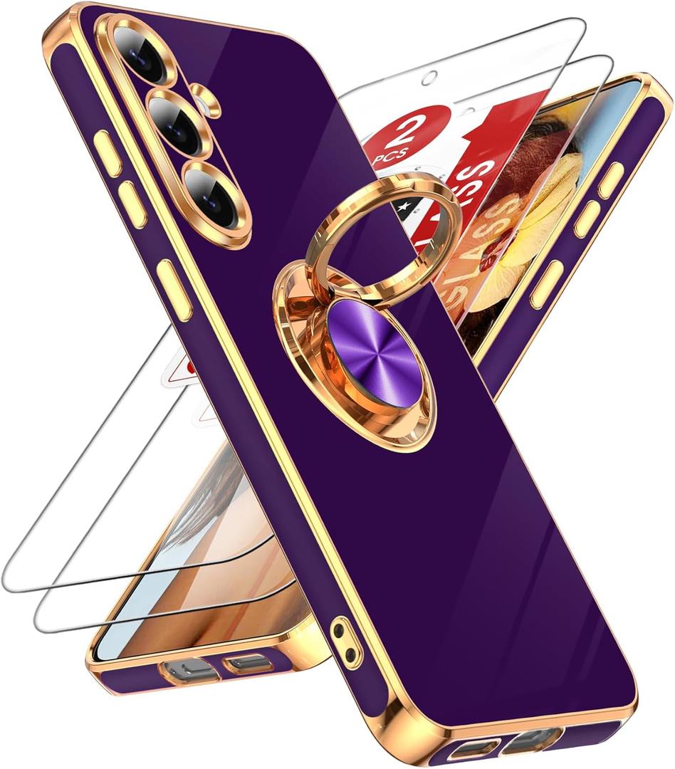 LeYi for Galaxy S25-FE Case: [   ] 2 Pack Tempered Glass Screen Protector and 360 Rotatable Ring Holder Magnetic Kickstand, Plating Rose Gold Edge for S25FE S 25 FE, Deep Purple