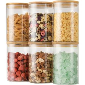 32oz Straight Cylindrical Airtight Storage Containers with Bamboo Lids Set of 6, Round Stackable Canisters, Food Jars, Pantry Organizers for Sugar, Cookies and Coffee beans (with Black Lable)