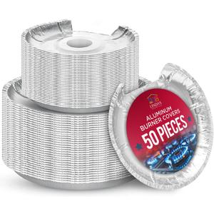 Heavy-Duty Aluminum Electric Stove Burner Covers (50 Pack) - Disposable Round Foil Liners (6 & 8 Inch), Non-Stick Drip Pan Protectors, Stove Top Covers, Great Kitchen Accessory for Easy Cleanup