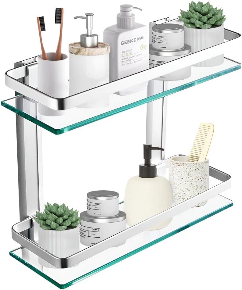 2-Tier Bathroom Glass Shelves, Wall Mounted Tempered Glass Shelf Organizer Storage Holder with 14 Inch Rectangular Glass (8mm Thick) and Aluminum Rail for Shower Lavatory, Hardware Included