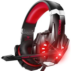 BENGOO Stereo Pro Gaming Headset for PS4, PC, Xbox One Controller, Noise Cancelling Over Ear Headphones with Mic, LED Light, Bass Surround, Soft Memory Earmuffs for Laptop Mac Wii Accessory Kits (Red)