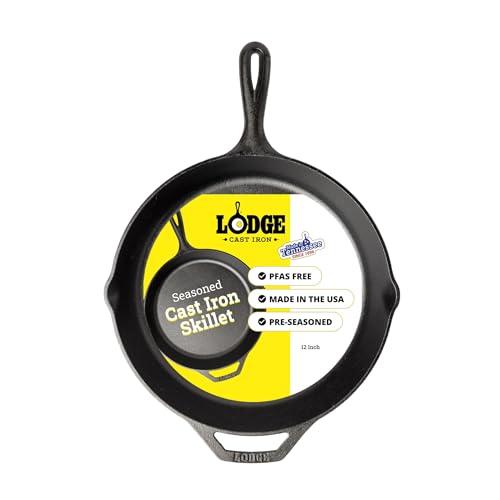 Lodge Seasoned Cast Iron Skillet 12 Inches - PFAS-Free, Non-Toxic Cookware - Use with an Oven, Stove, Grill, or Campfire - Naturally Non-Stick & Oven Safe