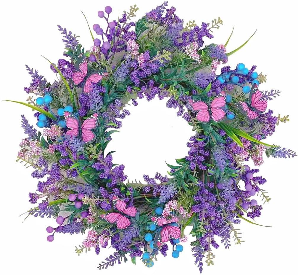 18Inch Purple Lavender Wreath for Front Door,Artificial Blue Purple Berries Paired with Pink Butterflies,Used for Window, Wall, Porch, and Other Indoor and Outdoor Home Decorations (Lavende01)