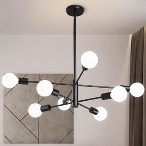 Modern Sputnik Chandeliers Light, 8-Light Black Chandeliers for Dining Room, Height Adjustable Ceiling Lights Farmhouse Chandelier for Kitchen Island Living Room Bedroom
