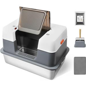 Stainless Steel Enclosed Cat Litter Box with LidCovered Metal Kitty Litter Box with Litter Mat and Odor Reduction Pack(2kg), Metal ScoopSwitchable Design, Easy CleanOdor-Proof, Leak-Proof (Stainless Steel Litter Scoop)