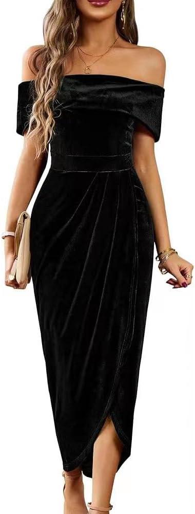 Off The Shoulder Vintage Velvet Bodycon Midi Dress for Women Wrap Slit Elegant Cocktail Party Evening Pencil Dress (Large, Black)