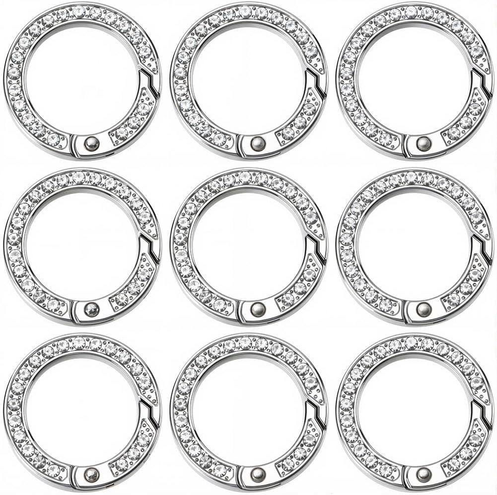 SUNNYCLUE 1 Box 12pcs Metal Spring o Rings Large Spring Gate Ring 8.5mm/1.12inch Round Rhinestone Bling Simple Trigger Clip Clasp Ring for Key Rings Buckle Bags Jewelry Making DIY Crafts Accessories (Clear)