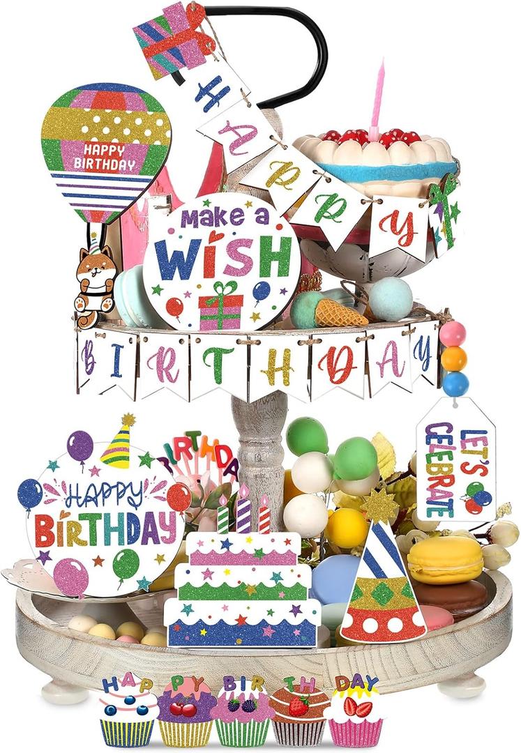 9 Pcs Birthday Tiered Tray Decor Farmhouse Tiered Tray Decor for Birthday Colorful Party Supplies Wooden Happy Bday Table Decorations, Cake Style