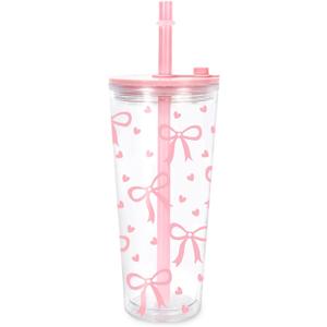 Pink Bow Reusable Boba Cup Coquette Bowknot Heart Bubble Tea Cup with Lid and Straw 24 oz Double Wall Insulated Tumbler for Boba Pearls Drink Birthday Baby Shower