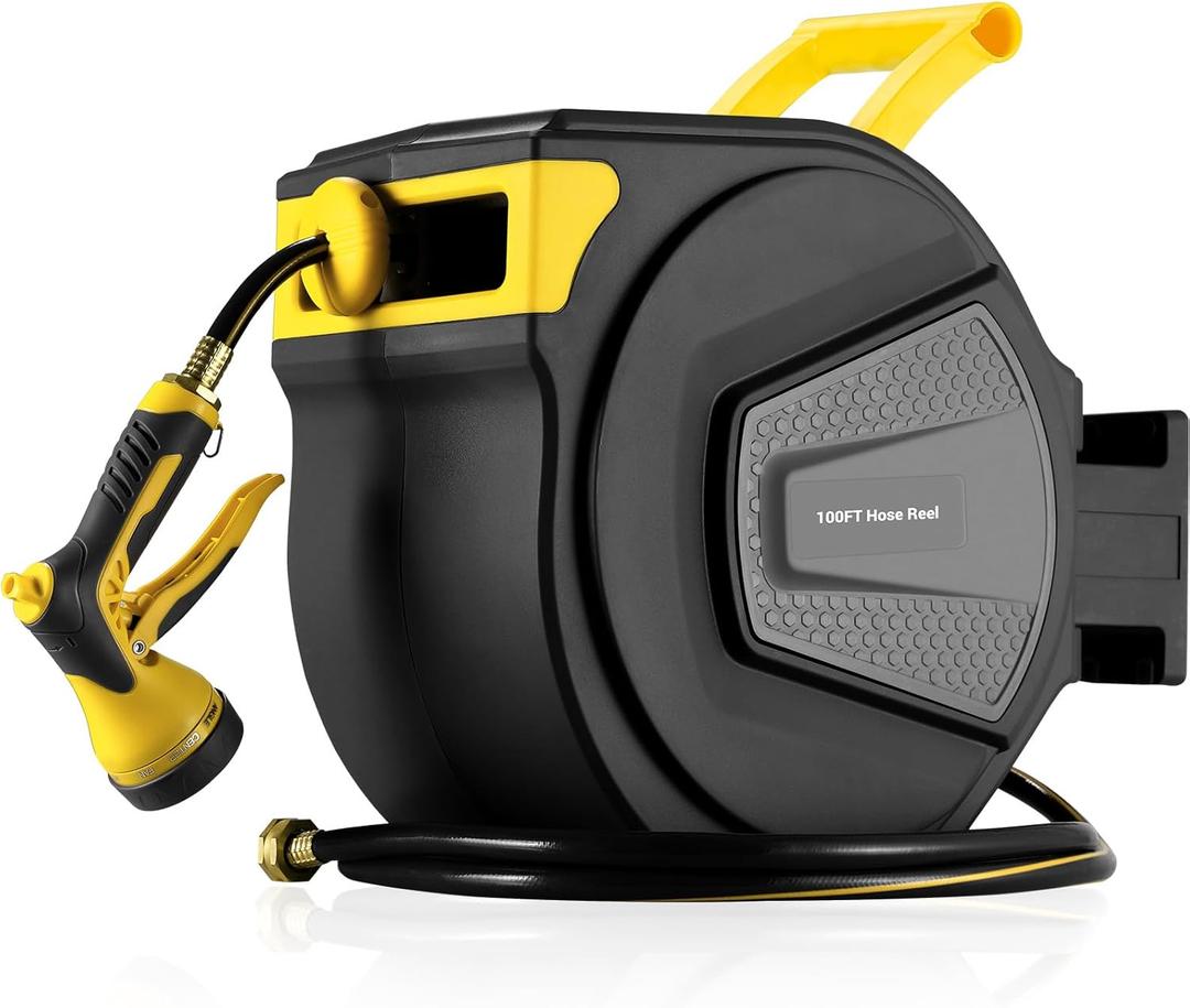 TLGREEN Retractable Garden Hose Reel, 1/2in x 100 ft Water Hose Reel Wall Mount Heavy Duty, Rewind Storage, 9-Function Sprayer Nozzle, Any Length Lock, Slow Return System, 180Swivel BracketYellow (Black)