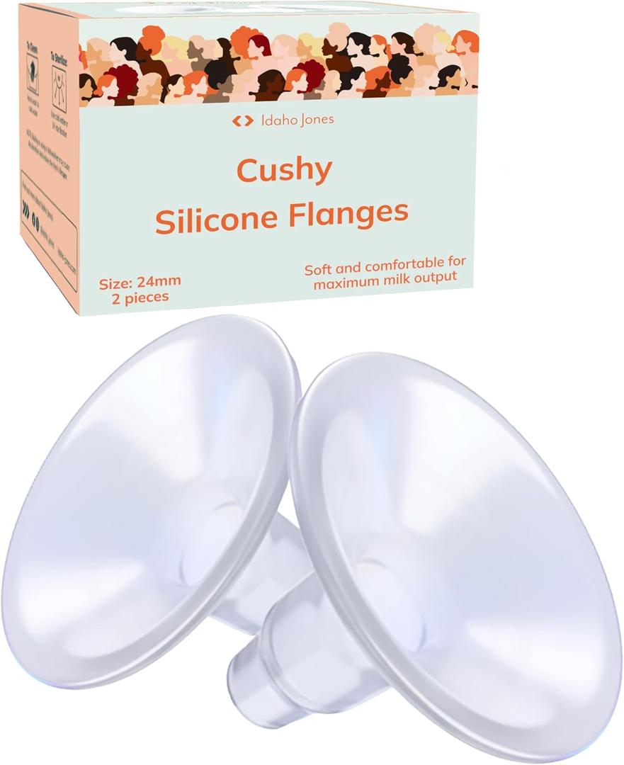 Larger Cushy Silicone Flanges, Breast Shields - Replacement Pump Parts - for Spectra, Lansinoh, Medela Pumps - Great for Elastic Nipples - Double (2 Pack) - 24mm