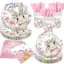 168PCS Easter Party Supplies Happy Easter Party Decorations Vintage Bunny Flower Paper Plates Napkins Cups Cute Rabbit Wlidflower Themed tableware for Spring Holiday Picnic Serve 24