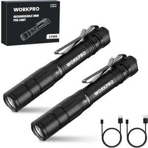 WORKPRO Rechargeable Pen Light, Mini Flashlight, 2 Pack Ultra-Compact EDC Flashlight, Pocket Flashlight with Clip, Memory Function and 2 x USB C Cable Included, Black