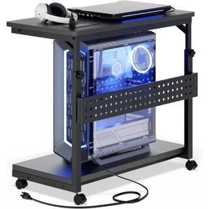 Computer Tower Stand with Power Strips, 4 Levels Manual Height Adjustable PC Tower Stand for Under Desk, Mobile Rolling CPU Holder, Computer Cart with Wheels, 24", Carbon Fiber Black