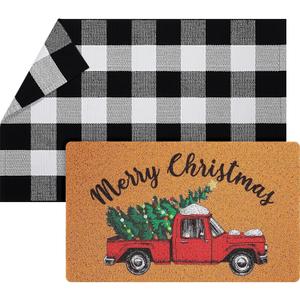 Geelin 2 Pcs Christmas Door Mat Xmas Front Doormat Black and White Buffalo Checkered Rug Decorative Christmas Tree Imitation Coir Welcome Floor Mat Layering Rug for Front Door(Red Truck)