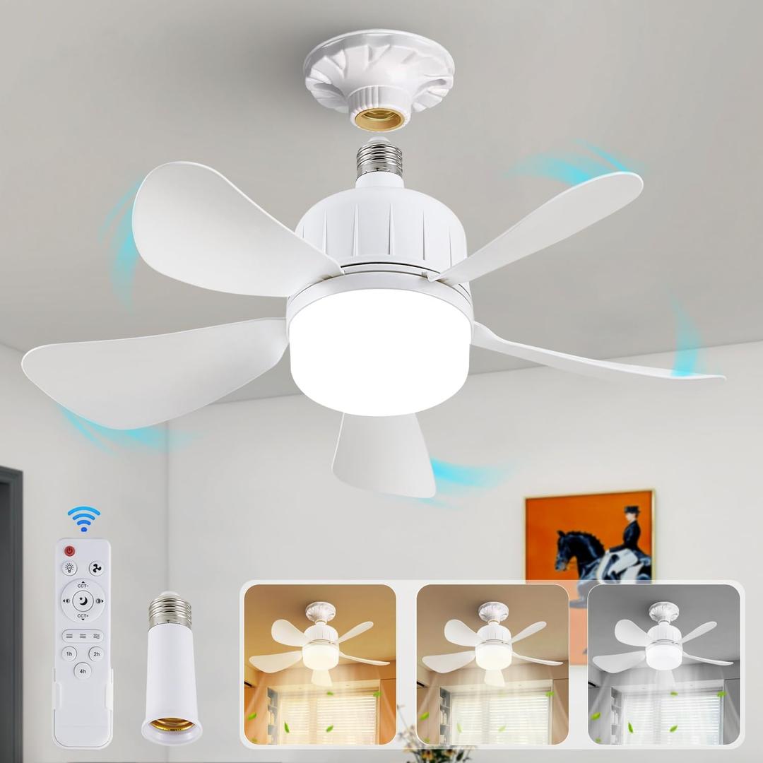 Socket Fan Light Bulb, Dimmable LED Ceiling Fans with Lights and Remote, Plug in Ceilng Fans and 1 Socket Extender, 3 Colors 3000K-6500K, Replacement Light Bulb Fan for Kitchen Garage BedRoom, White