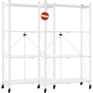 DEANIC 4 Tier Foldable Storage Shelves with Wheels, Large Capacity Shelving Unit, Freestanding Metal Wire Shelf Rack, No Assembly Organizer Rack for Garage Kitchen, Basement, Pantry(White Pack of 2), 50in