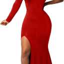 BEAGIMEG Women's Sexy Elegant One Shoulder Backless Evening Long Dress (Red 2 Split, X-Large)