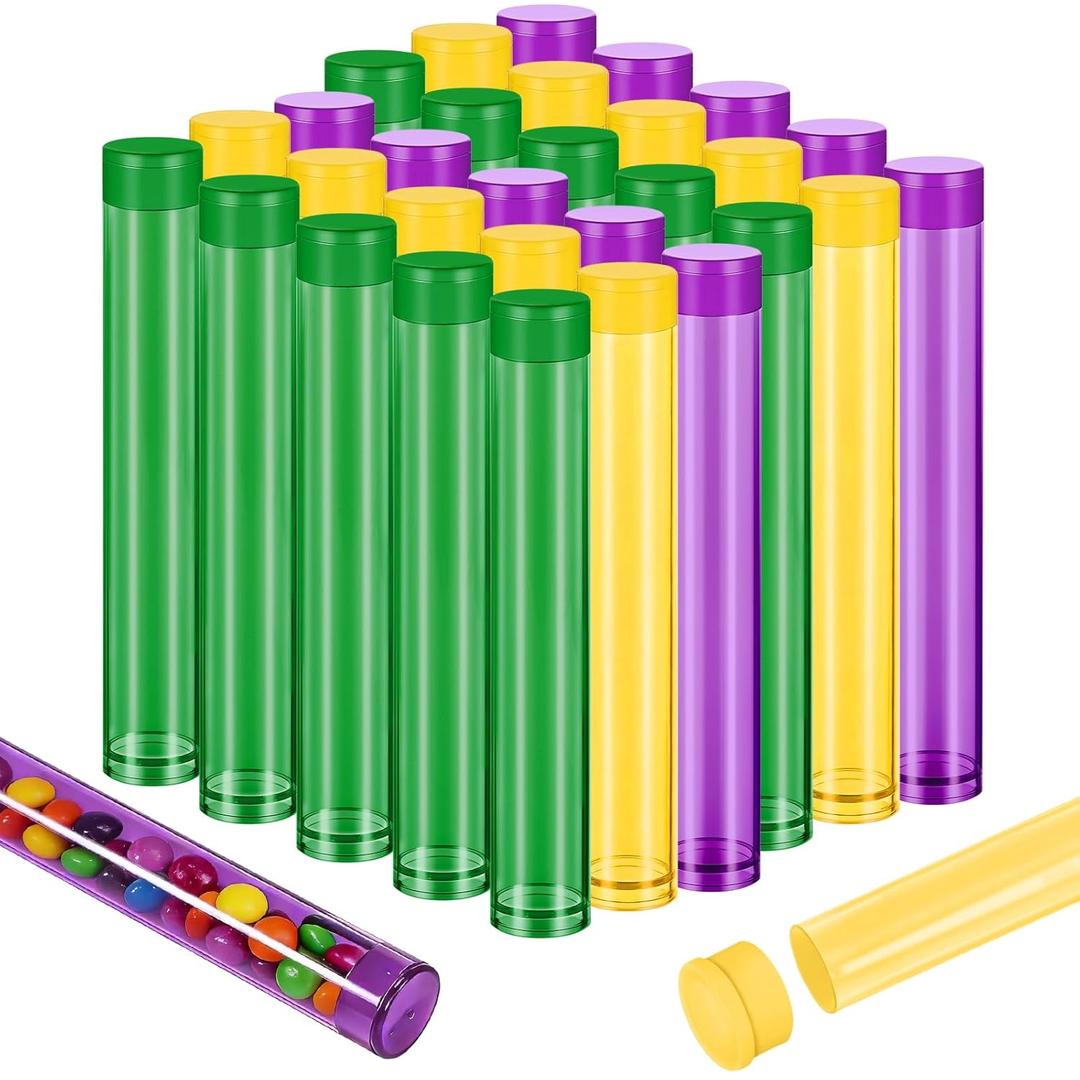 Flutesan 45 Pcs Mardi Gras Party Favors Tubes 4 Inch Candy Tubes Bulk with Cap Plastic Green Gold Purple Party Decor Container Empty Storage Gift for Carnival Liquor Plant Lab Experiment Supplies