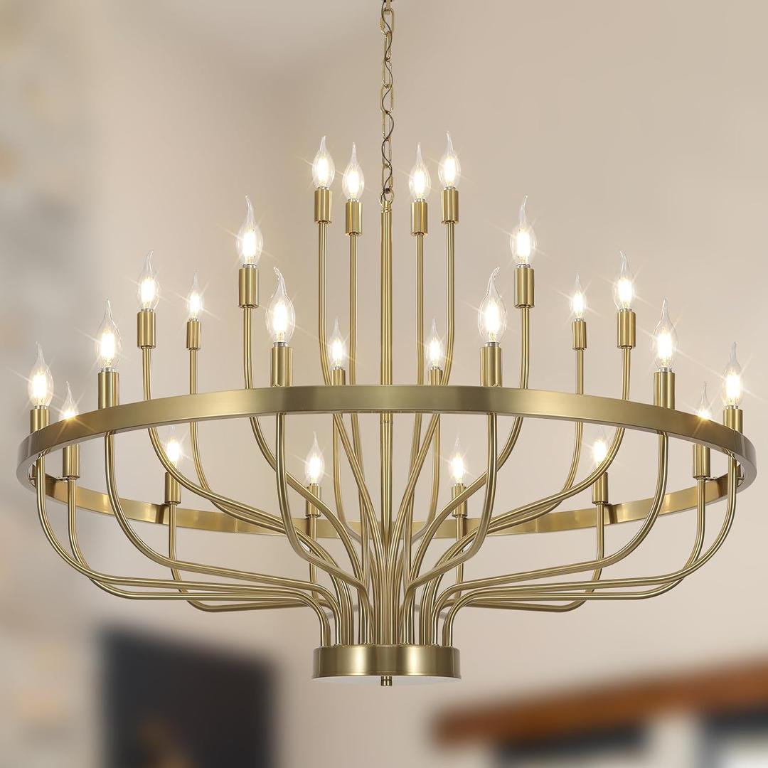 Gold Chandelier 24 Light Large Chandelier for High Ceilings, Farmhouse Wagon Wheel 39in 3-Tier for Dining Room, Hallway, Living Room, Foyer