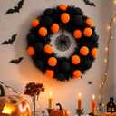 Grooy Halloween Wreath, Orange Pom Spider Web Decor for Front Door