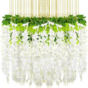 Riceshoot 240 Pcs Wedding Artificial Wisteria Hanging Flowers Floral Backdrop Garland 43.3 in/ 3.6 ft Silk Fake Wisteria Vine Rattan Long Wall String for Home Outdoor Party Decoration(Milky White)