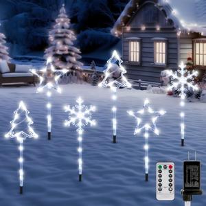 6 Pack Plug in Christmas Pathway Lights Outdoor Decorations with Timer,8 Modes White Xmas Snowflake Waterproof Led Garden Stake Lights for Walkway Porch Yard Lawn Holiday Decor