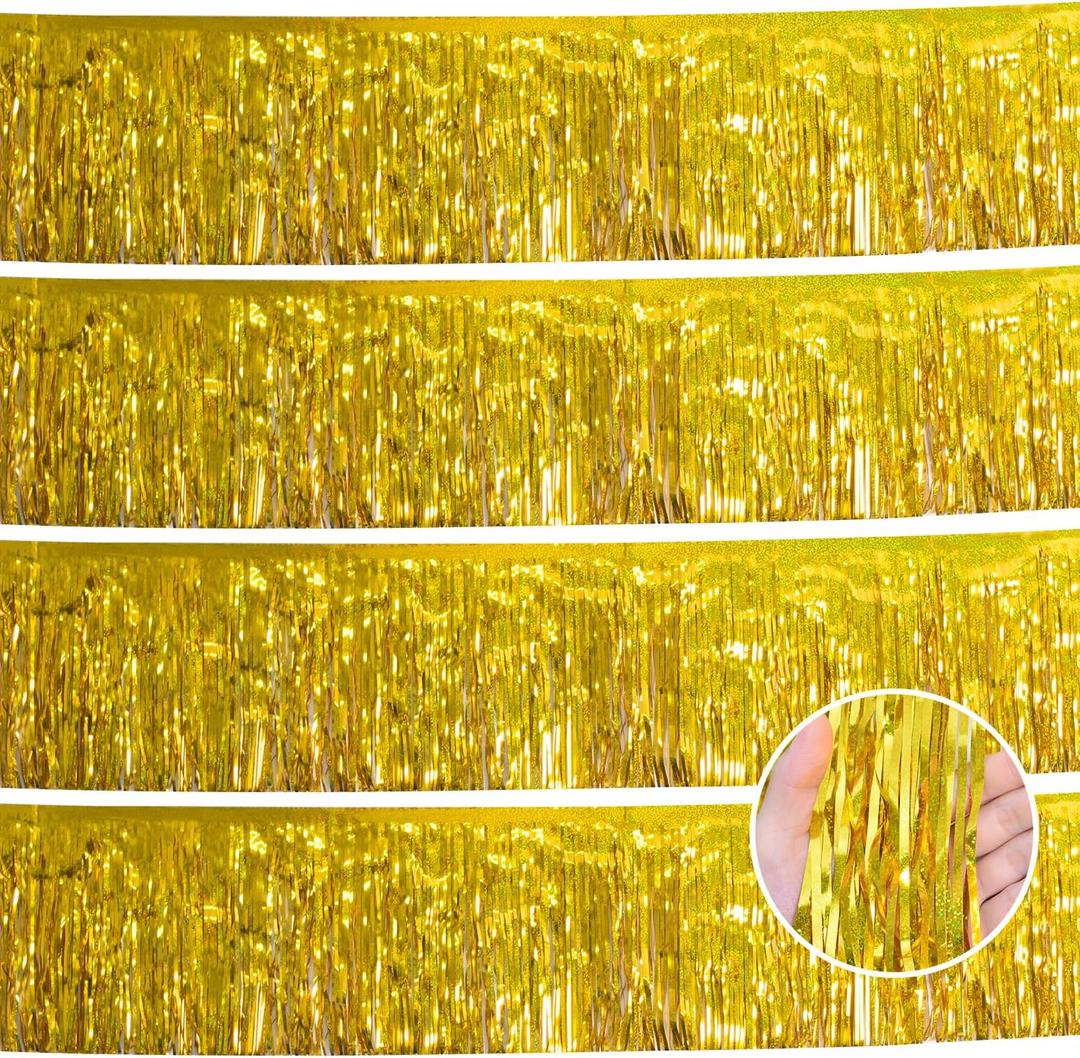 YUKL Laser Gold Christmas Decorations Tinsel Garland Parade Float Decorations for Trailer 4Pack 12FT Christmas Party Decor Ceiling Fringe Banner Gold Backdrop for Streamers Party Decorations