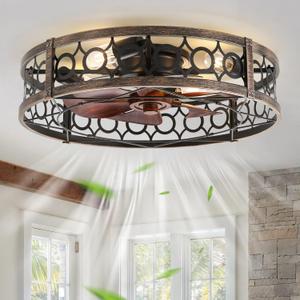 LEDIARY Caged Flush Mount Ceiling Fans with Lights, 23 Inch Farmhouse Low Profile Ceiling Fan with Remote, Small Bladeless Fan Lights Ceiling Fixtures for Bedroom, Kitchen- Black and Gold