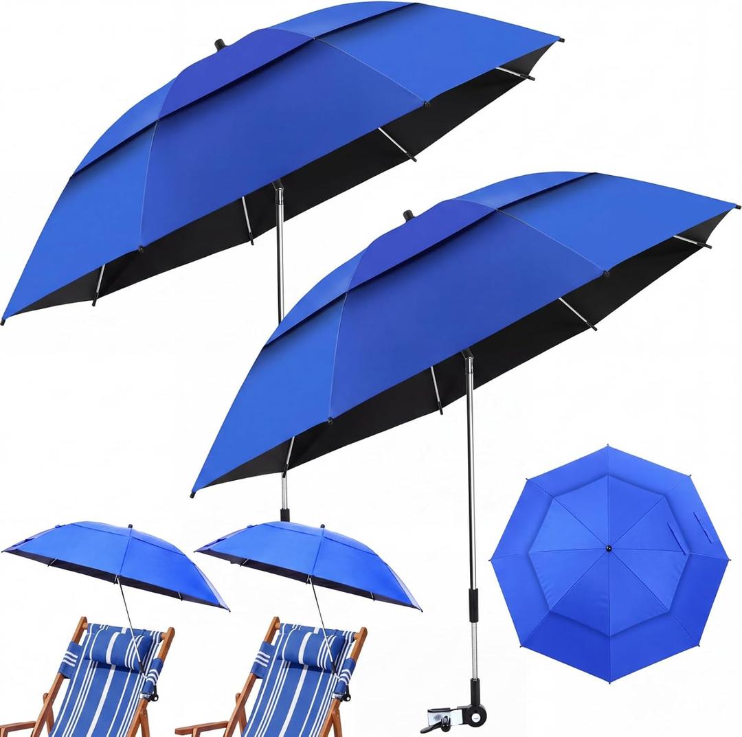 Nuanchu 2 Pcs 49" Double Canopy Beach Umbrellas with Clamp Upf50+ Beach Chair Umbrella with Clip 360 Adjustable Portable Outdoor Wheelchair Patio Golf Carts Camping Stroller Fishing