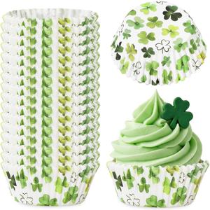 Whaline 300 Pcs St. Patrick's Day Shamrock Cupcake Liner Paper Baking Cups Green Leaf Clover Watercolor Muffin Liner Cake Storage Container for Irish Holiday Party Supplies, 2 x 1.2 Inch