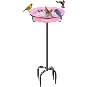 28In Freestanding Birdbaths Bowl Outdoor, Standing Garden Bird Bath Bird Feeder Bowl with Metal Stake, Detachable Decoration Spa Birdfeeder for Garden Patio Yard Lawn, 4 Spiky Feet (Pink)