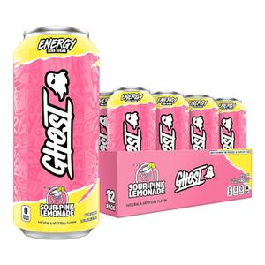 GHOST Energy Drink - 12-Pack, Sour Pink Lemonade, 16oz Cans - Energy & Focus & No Artificial Colors - 200mg of Natural Caffeine, L-Carnitine & Taurine - Gluten-Free & Vegan