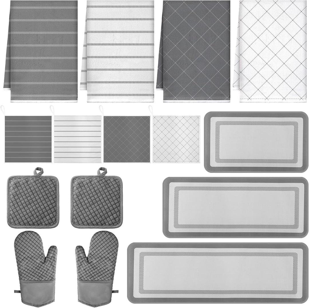 SmoothNovelty 15 Pcs Christmas Kitchen Decor and Accessories Set 4 Kitchen Towels 2 Pot Holders 2 Oven Mitts 3 Rugs 4 Dishcloths Absorbent Set Heat Resistant Pot Pads for Cooking Baking(Grey) (Gray)