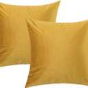 Set of 2 Velvet Solid Color Pillow Covers with Zipper, Plain Decorative Pillowcases, 18 x 18 inch Square Soft Cushion Covers (Yellow)