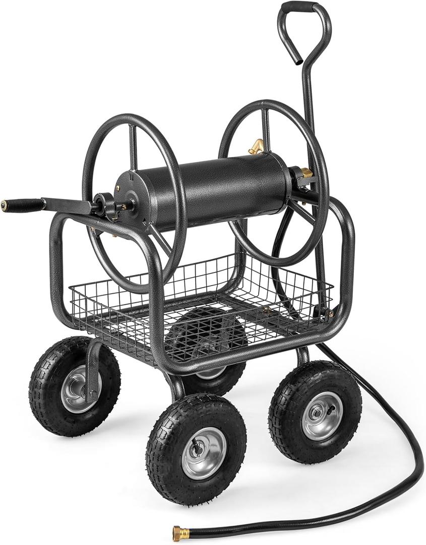 Goplus Garden Hose Reel Cart, 300 FT of 5/8" Large Capacity, Heavy-Duty Metal Hose Cart w/ 4 Wheels, Storage Basket, Portable Water Hose Organizer for Outside Yard, Outdoor Planting Tool (Black)
