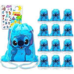Disney Stitch Party Favor Bags Set - Bundle with 12 Stitch Drawstring Bags for Kids Plus Stickers, More Birthday Party Supplies Pack