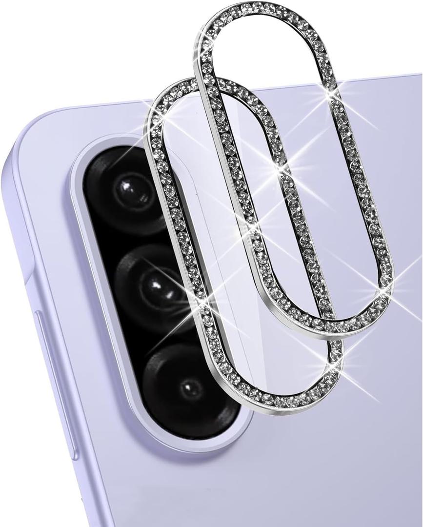 2 Set for Samsung Galaxy A26/ A36/ A56 5G Camera Lens Protector Bling, 9H Tempered Glass Camera Cover Screen Protector Metal Ring Decoration Accessories [1 Step Installation Tray] (Bling-Silver)