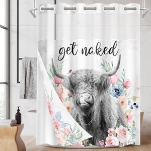 No Hook Funny Highland Cow Shower Curtain with Snap in Fabric Liner Set, Pink Floral Farmhouse Double Layers Waterproof Fabric with See Through Top Window Open Grommet Bath Curtain 71x74 Inch