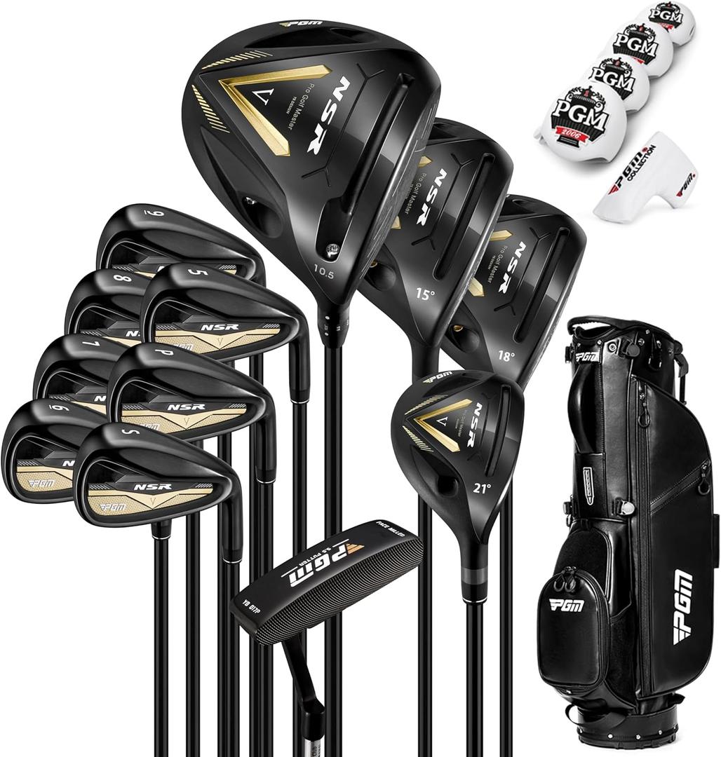 PGM NSR V 18 Piece Men's Complete Golf Club Sets - Adjustable Loft Titanium Driver (0.86 COR), Precision Weighted Fairway Woods, Forged Irons, CNC Milled Putter, with Stand Bag - Right Handed