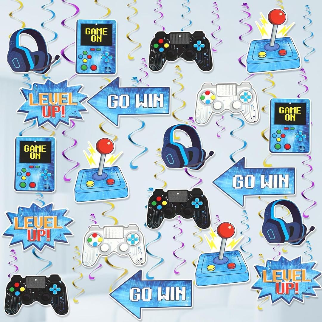 Video Game Birthday Decorations  42PCS Blue Gaming Hanging Swirls for Kids Boys Level Up Game On Theme Party Ceiling Hanging Streamers for Video Gamer Night Birthday Baby Shower Party Supplies