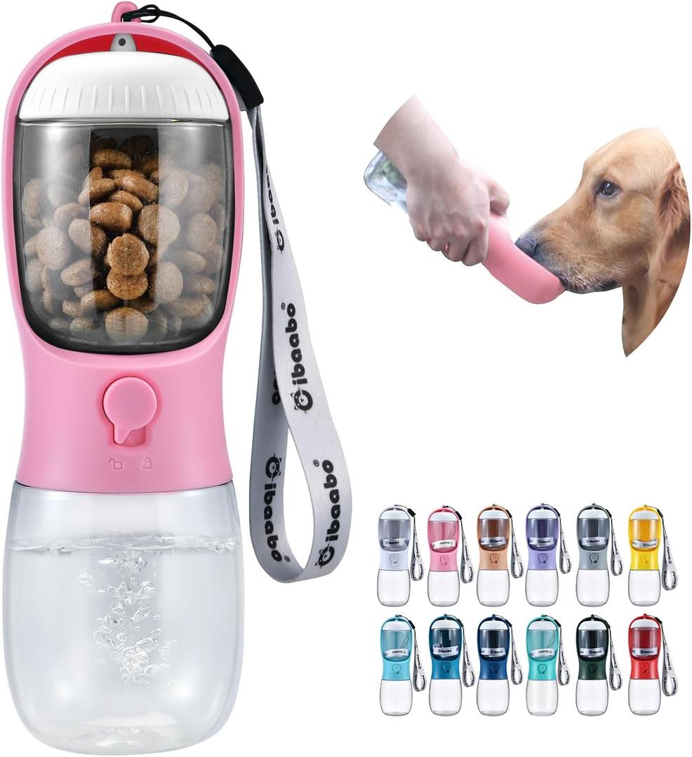 Dog Water Bottle with Food Container, Travel Puppy Water Bowl, Portable Pet Dispenser, Girl Dog Accessories Stuff Items Essentials Necessities for Yorkie Chihuahua Cat Walking and Hiking (10oz, Pink)
