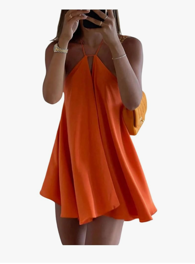 SOLY HUX Women's Halter Neck Sleeveless Bow Tie Backless Flowy Mini Dress Beach Vacation Clothes (Medium, Solid Orange)