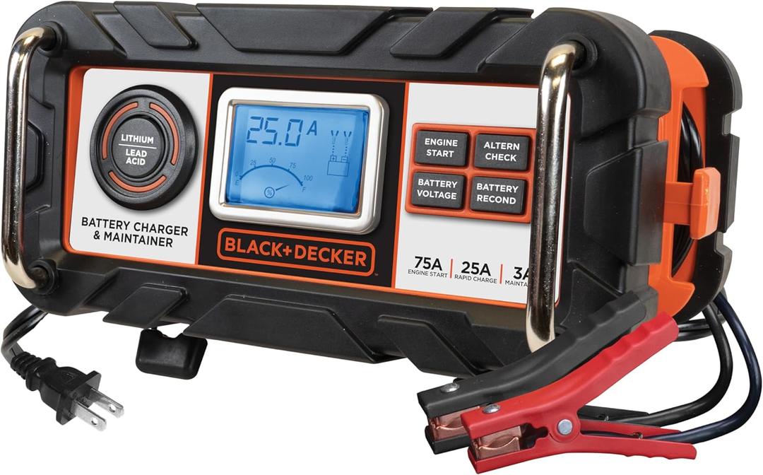 BLACK+DECKER BC25BD Fully Automatic 25 Amp 12V Bench Battery Charger/Maintainer with 75A Engine Start, Alternator Check, Cable Clamps for Lead Acid Batteries